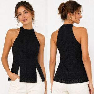 River Island London Black Crochet Knit Halter Top High Neck Split Hem 2 Summer